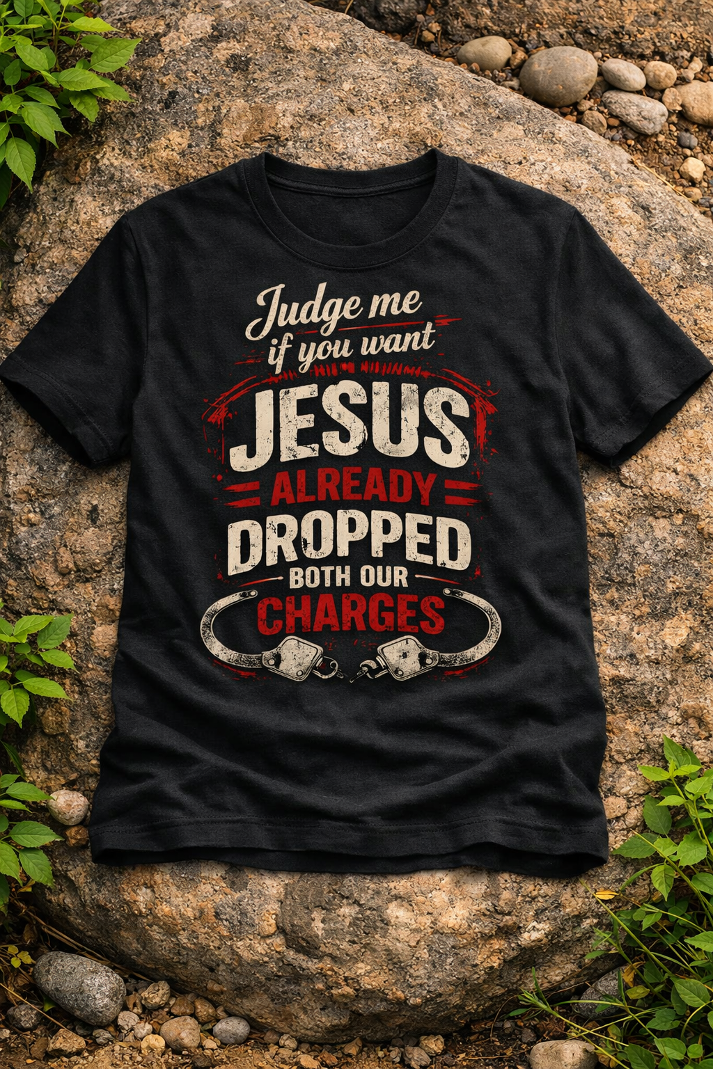 Jesus Already Dropped Both Our Charges – Grace Over Judgment Tee — Christian Faith Graphic Tee