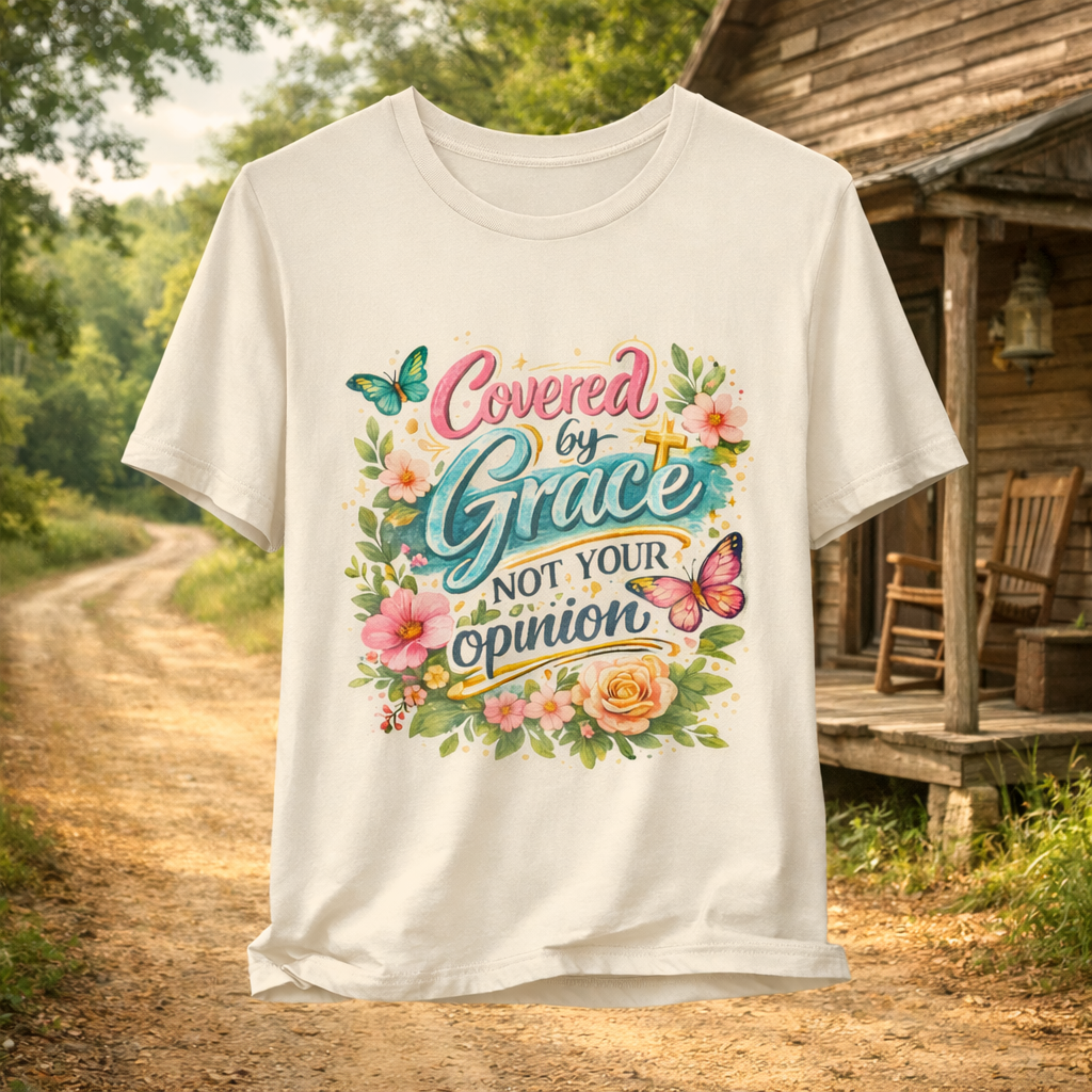 Faith Over Opinions – Covered by Grace Christian T‑Shirt