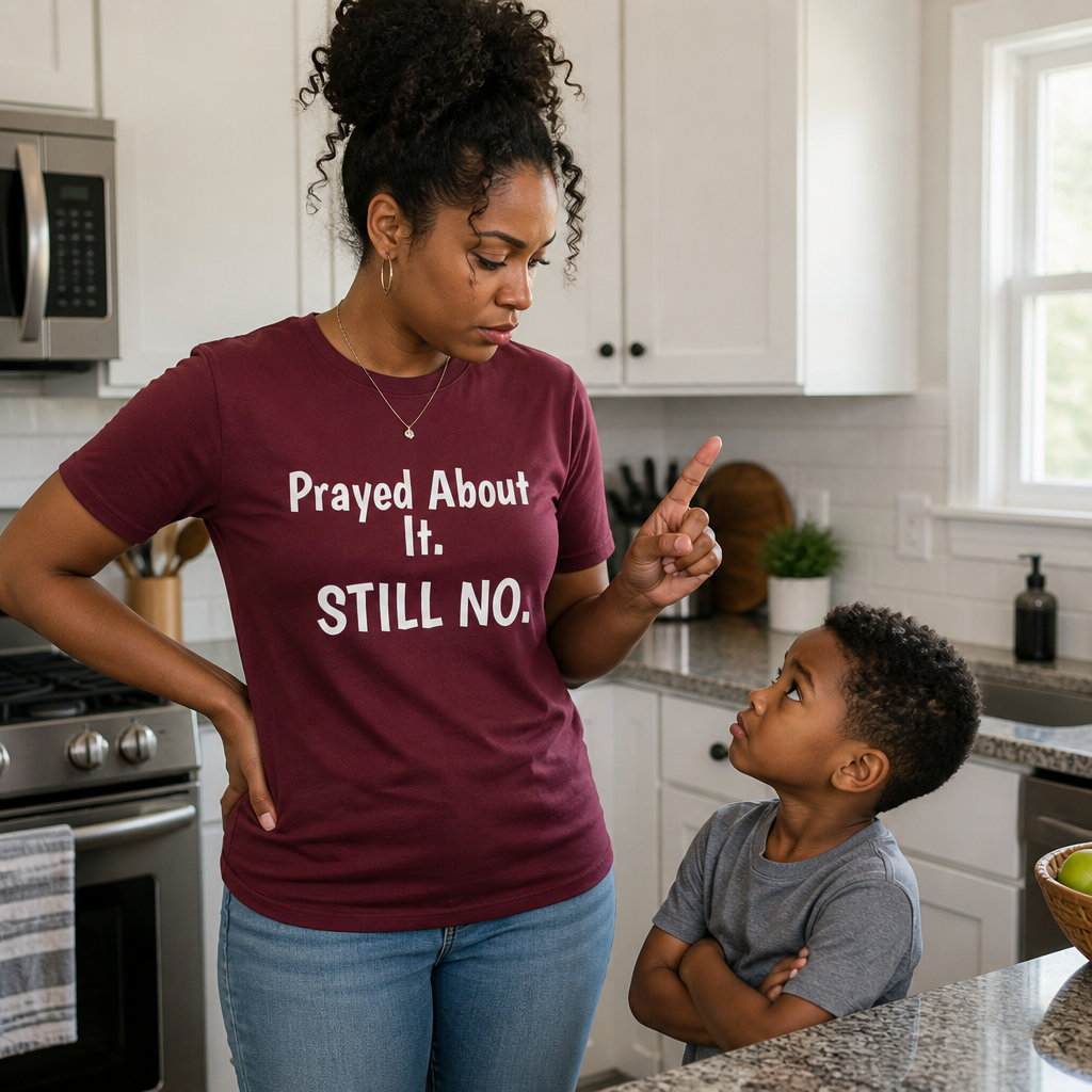 “Prayed About It. Still NO.” Unisex Faith Statement Tee