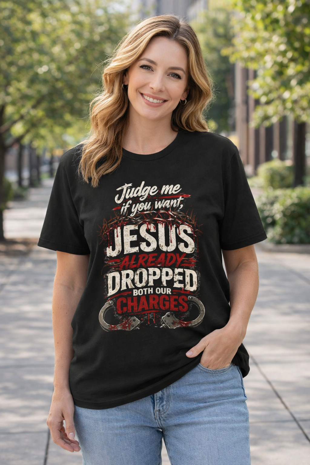 Jesus Already Dropped Both Our Charges – Grace Over Judgment Tee — Christian Faith Graphic Tee