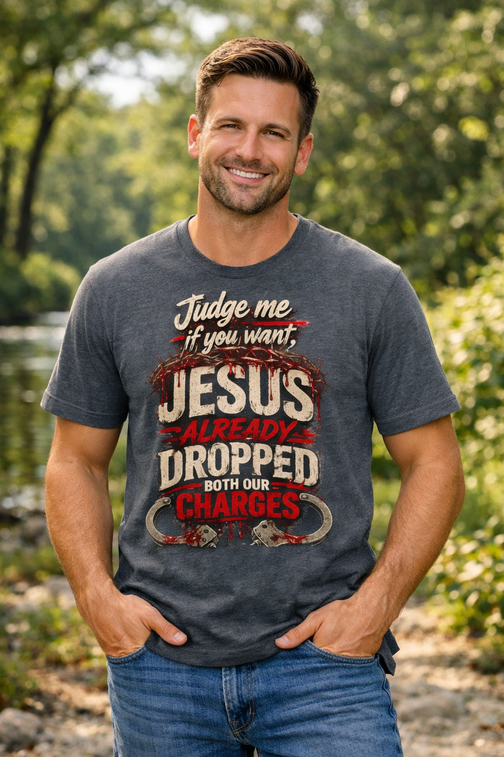 Jesus Already Dropped Both Our Charges – Grace Over Judgment Tee — Christian Faith Graphic Tee