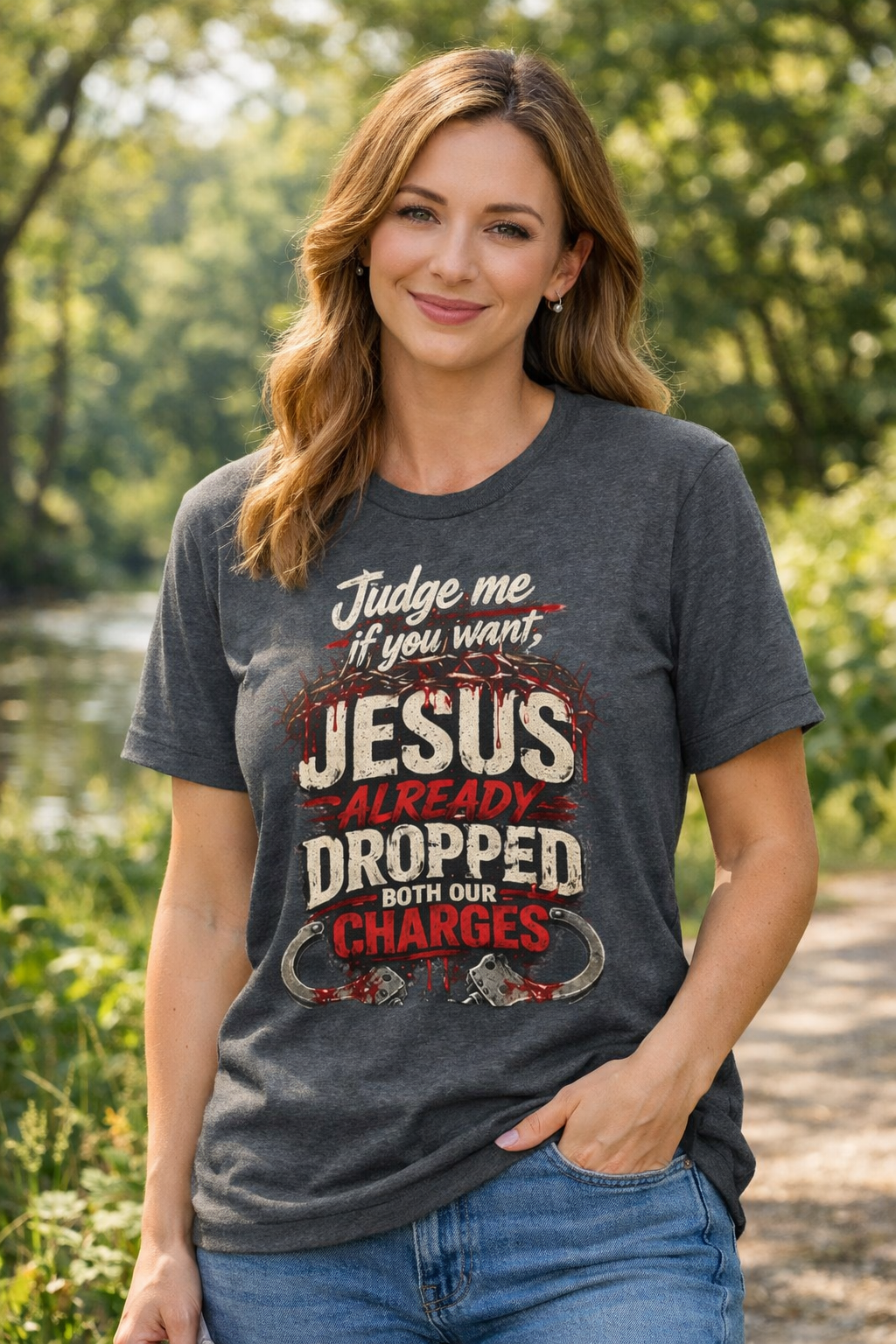 Jesus Already Dropped Both Our Charges – Grace Over Judgment Tee — Christian Faith Graphic Tee