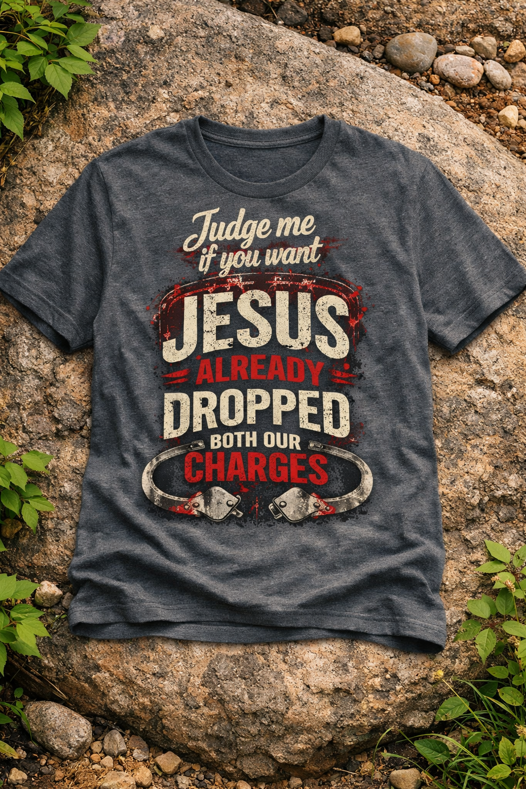 Jesus Already Dropped Both Our Charges – Grace Over Judgment Tee — Christian Faith Graphic Tee