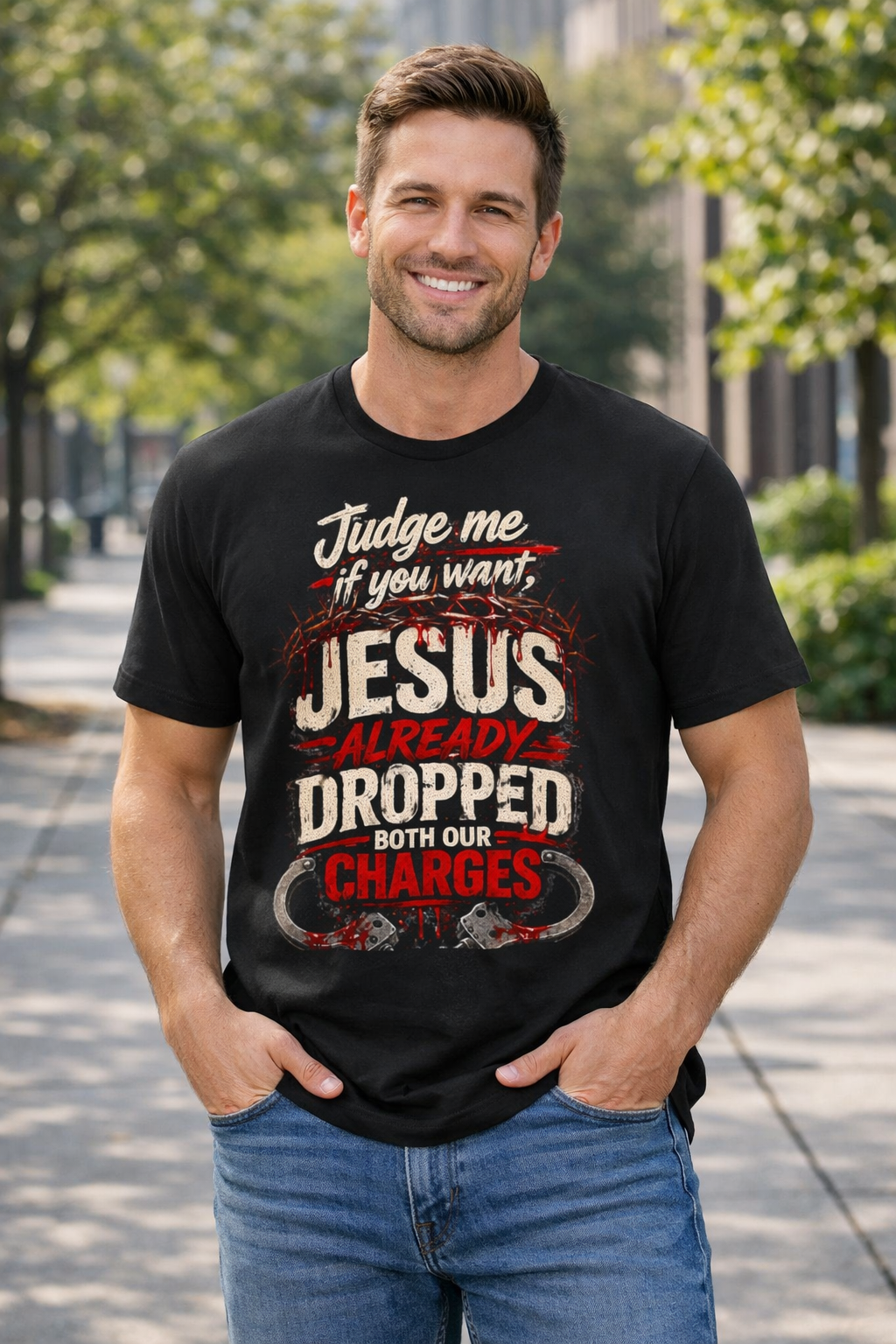 Jesus Already Dropped Both Our Charges – Grace Over Judgment Tee — Christian Faith Graphic Tee